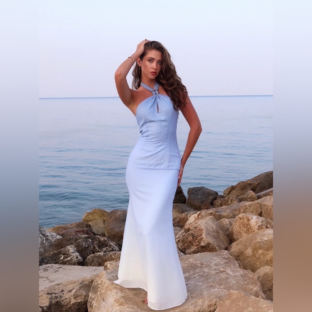 Club L London Sz 2 Sharni Halter Ombre Chiffon Blue Wedding Evening Maxi Dress